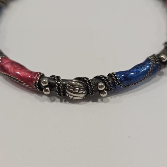 Vintage Boho Ornate Pink Blue Enamel Silver Wire Wrapped Bangle Bracelet - Picture 6 of 14